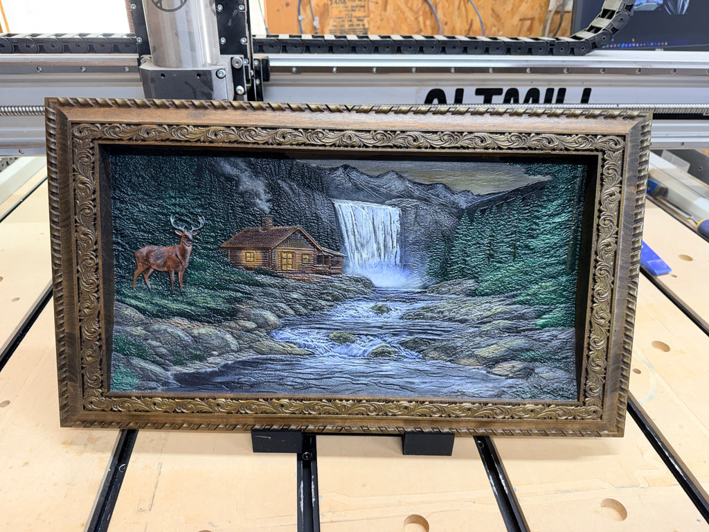 3d Cabin by a waterfall with deer STL File